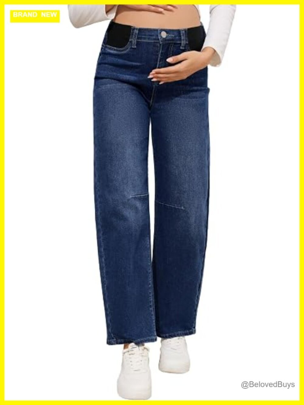 Maternity Barrel Jeans Mid-Rise Wide Leg Stretch Denim Pants Adjustable Waist